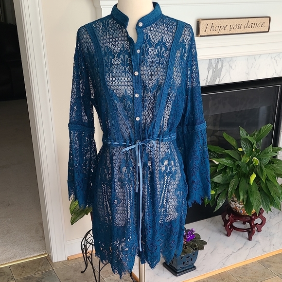 Colleen Lopez STUNNING Tunic, Jacket, Dress Duster Lace Rhinestone Buttons Sz M - Picture 1 of 10